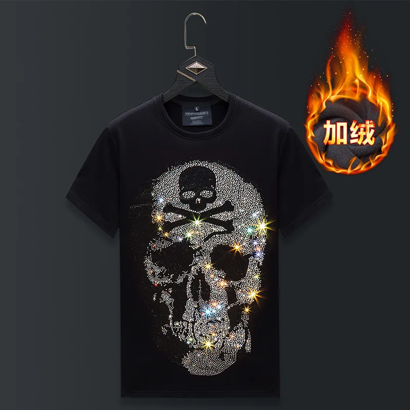 Plus Size Rhinestones Skulls T Shirt Men Winter Clothes Streetwear Short Sleeve O Neck Thick Velvet Heat Tshirts Camiseta Hombre