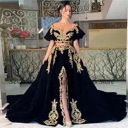 Customized Noble A-Line Prom Dress Puff Sleeves Lace Appliques Formal Evening Dress High Slit Floor Length Caftan Party Gowns