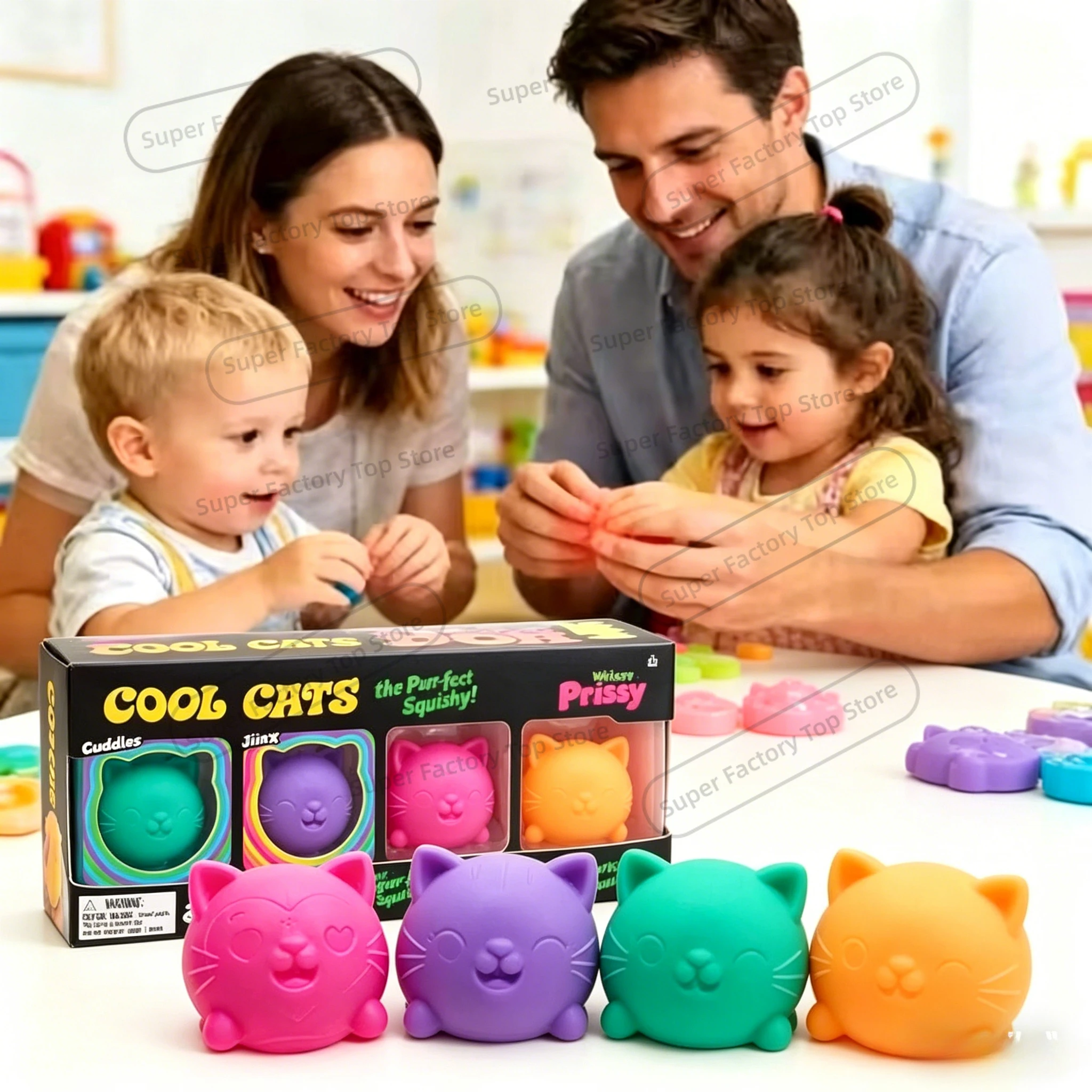 4Pcs Squishy Cool Cats Squeeze Toys, Sensory Stress Relief, Cute Kitty Fidget Toys Ball Party for Anxiety Relief, Birthday Gift