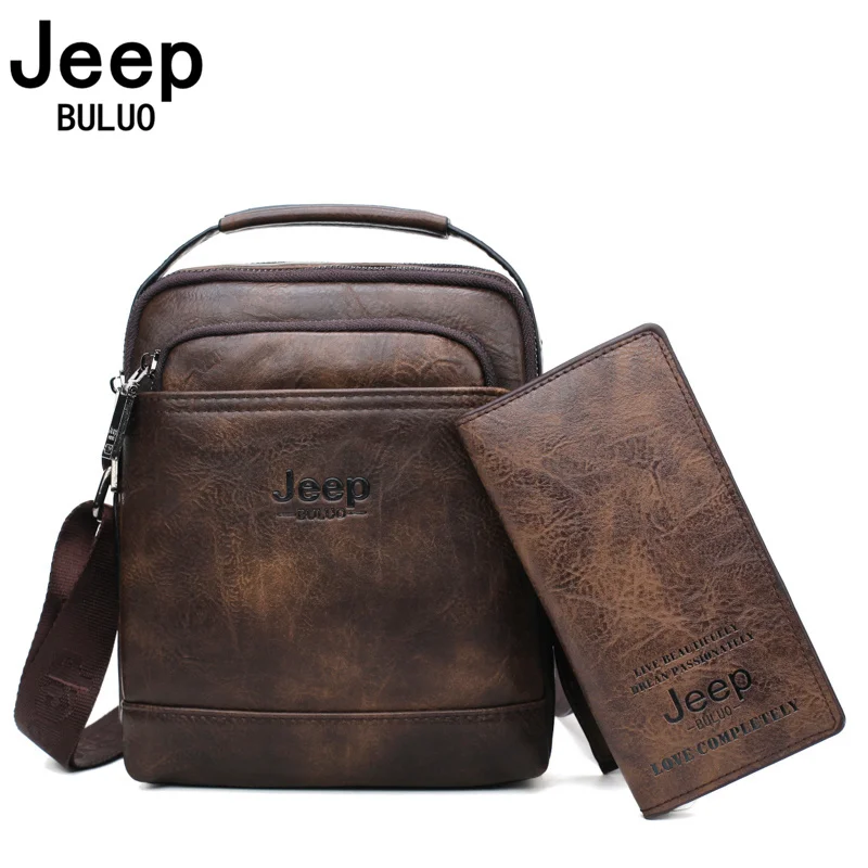 JEEP BULUO Brand Handbag Shoulder Bag Men Messenger Bags Splite Leather 2pc set Crossbody Business bag For iPad mini Male