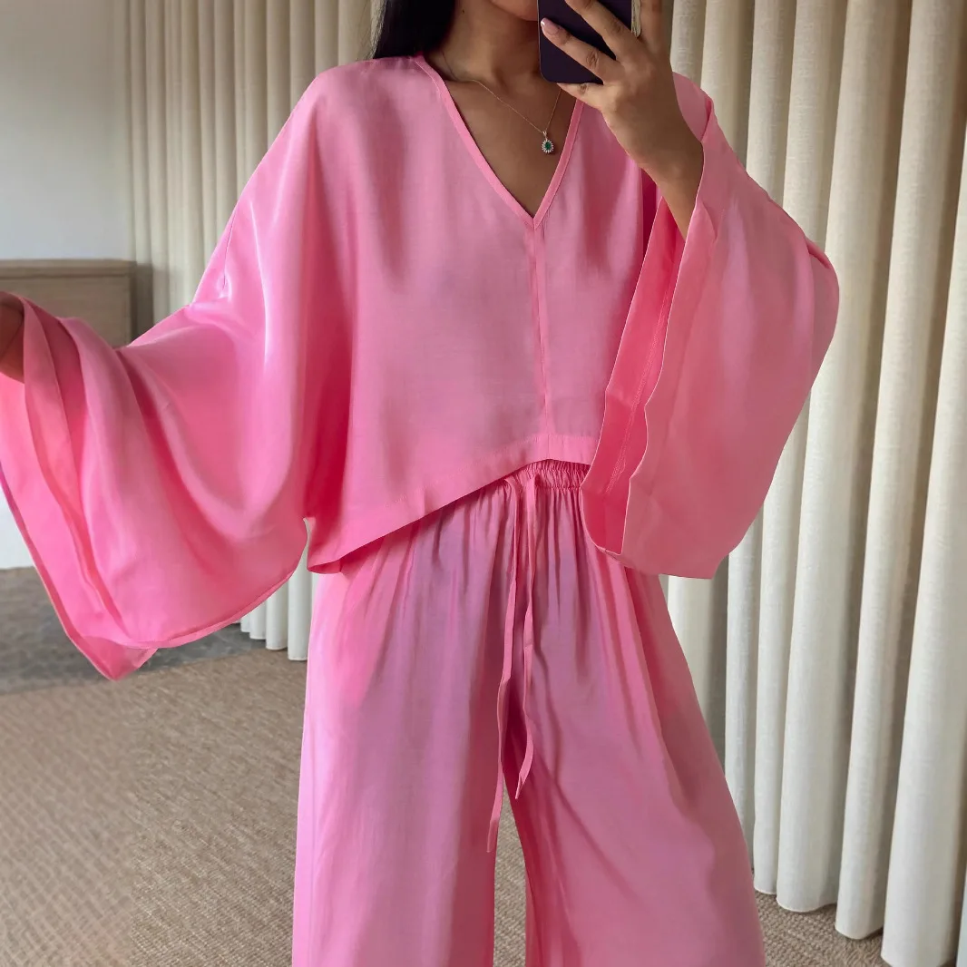 

Autumn Women Casual Pants Set New Wear Solid Color Wide Sleeve Fashion Set, Two Piece Pants Set Trousers Home Outfit Tracksuit