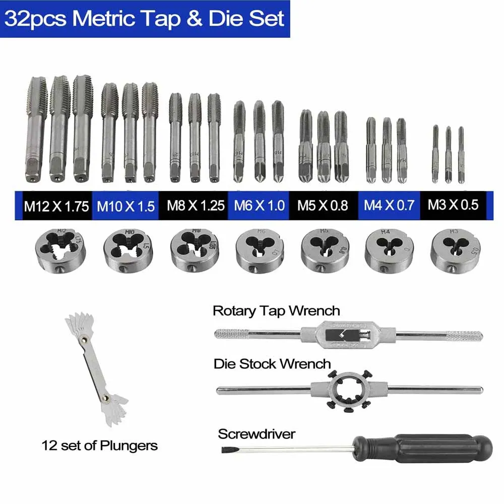 32 ชิ้นเมตริก Tap และ Die ชุด M3 M4 M5 M6 M8 M10 M12 Nut Bolt สกรูด้าย Taper กลางและปลั๊กประแจซ่อมชุดเครื่องมือ