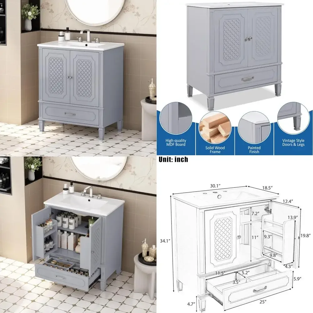 

Туалетный столик для ванной комнаты из массива дерева и МДФ в винтажном стиле с раковиной, дверной полкой для хранения и многофункциональным ящиком