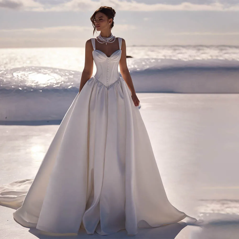 

Роскошное свадебное платье с двумя бретелями, плиссировкой и вырезом «сердечко» из атласа, фасон А-линия, со шлейфом, на заказ, 2026 Rode De Morrie