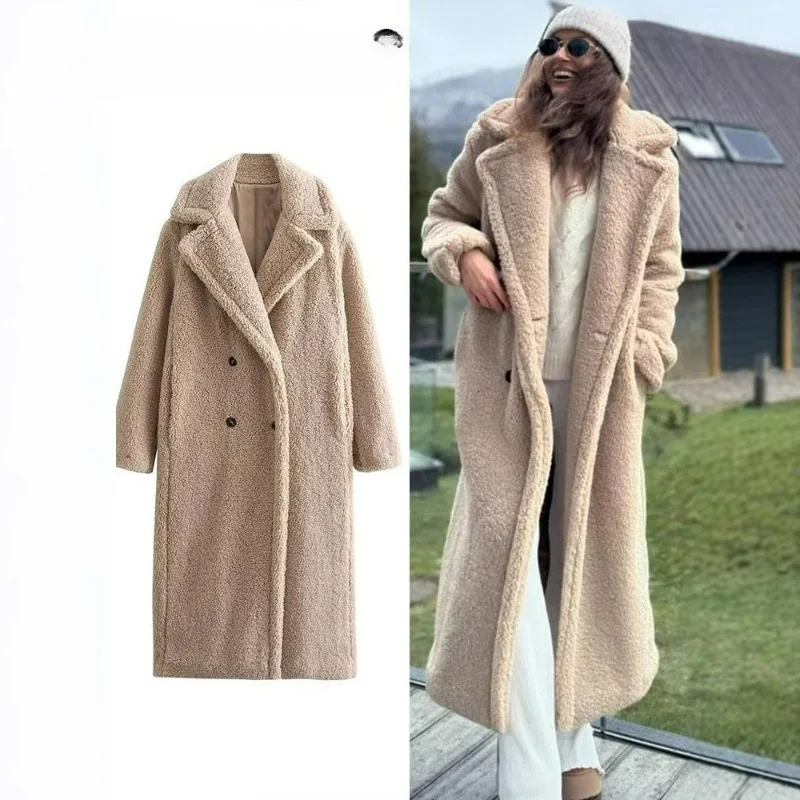 A Cross-border Women's Clothing Bestseller Long Double-breasted Sheepskin Coat with A European American Style for Winter Warmth
