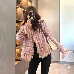 Pink Tassel Tweed Jackets Female Autumn Winter New Thicken Suit Coat Ladies Retro Double-Breasted Woven Outwear Women Blazers