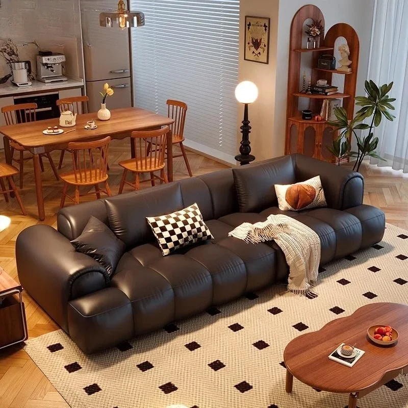 Guimauve bouffante, canapé en cuir, salon à rangée droite, nouveau style chinois, petit appartement nuage, canapé crème