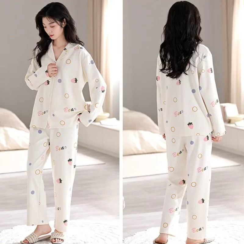 2023 New Pajamas Women's Autumn Cardigan Long Sleeve Long Pants Loungewear Pure Cotton Set Summer Cartoon Spring V-neck Homewear