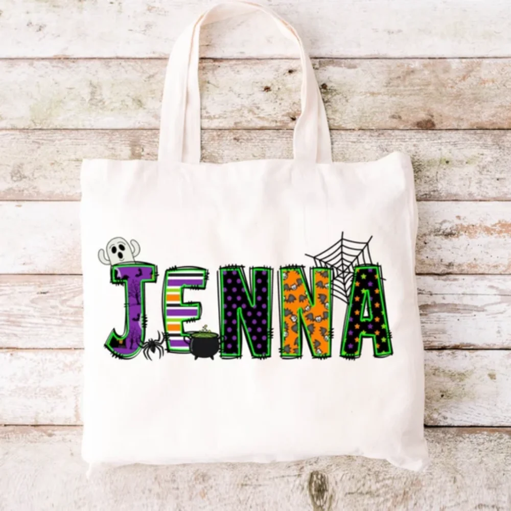 حقيبة الهالوين المخصصة للأطفال، حقيبة الهالوين ذات الاسم المخصص، حقيبة حمل شخصية للفتيات والأولاد خدعة أو علاج للأطفال