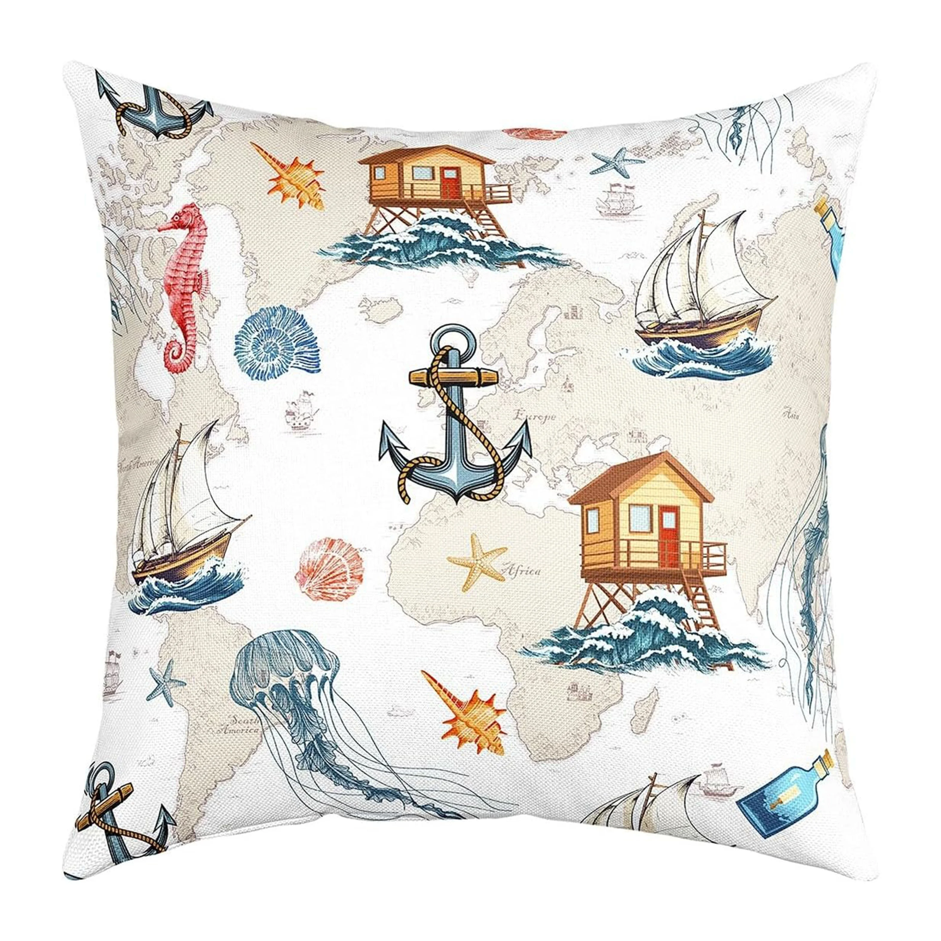 Charming Ocean Life Linen Pillowcase - Blue Anchor,Seahorse&Jellyfish Design Single-Sided Print | Perfect for Home Decor & Gifts