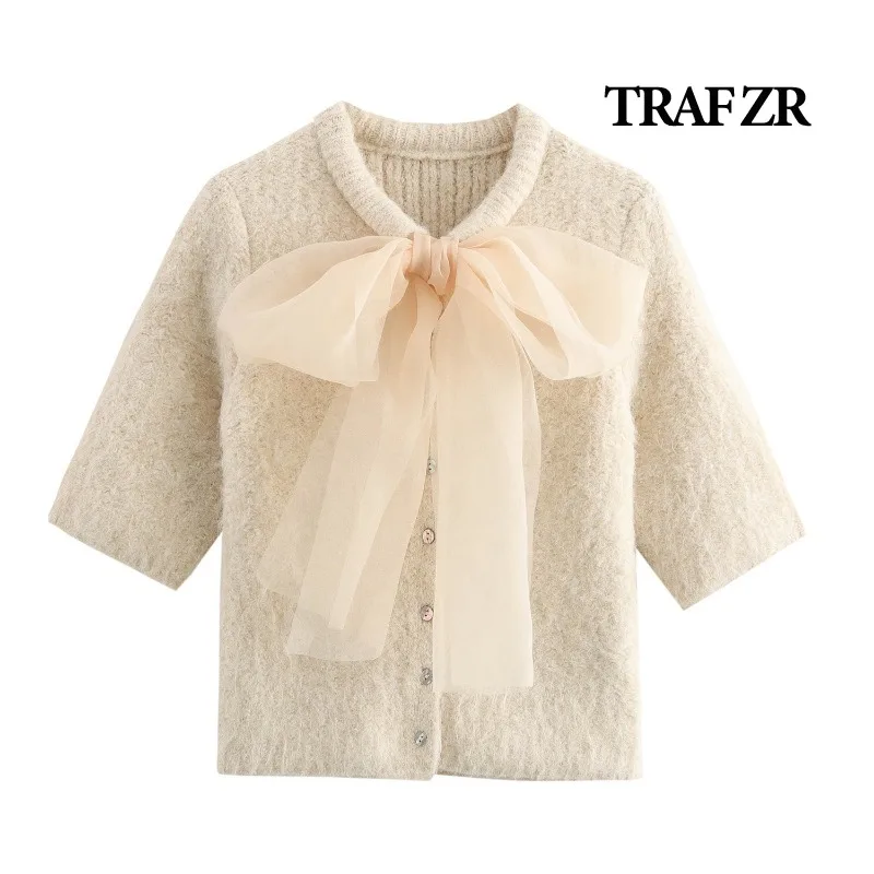 Traf zr-女性用半袖クロップドカーディガン,快適なセーター,ベージュのリボンニット,ヴィンテージy2kトップ,秋