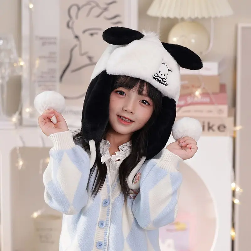 Anime Kawaii Sanrios Cinnamoroll My Melody Kuromi Pochacco Cute Cartoon Kids Ear Protection Hats Winter Plush Girl Warm Hat Gift