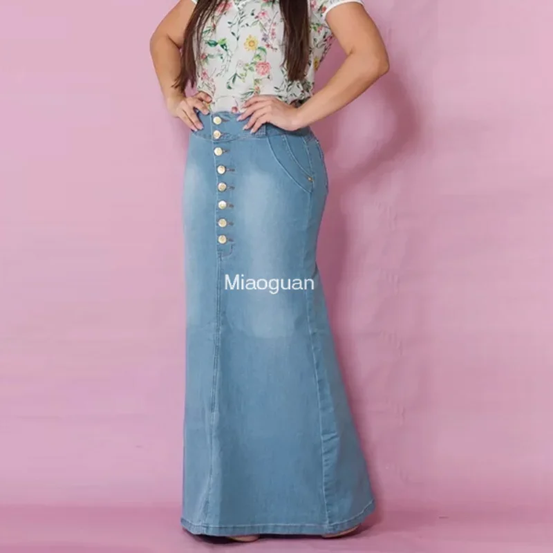 2024 Casual Fashion Front Button Washed Denim A-line Skirts for Teen Girls High Waisted Long Jean Skirt for Women's Midi Length