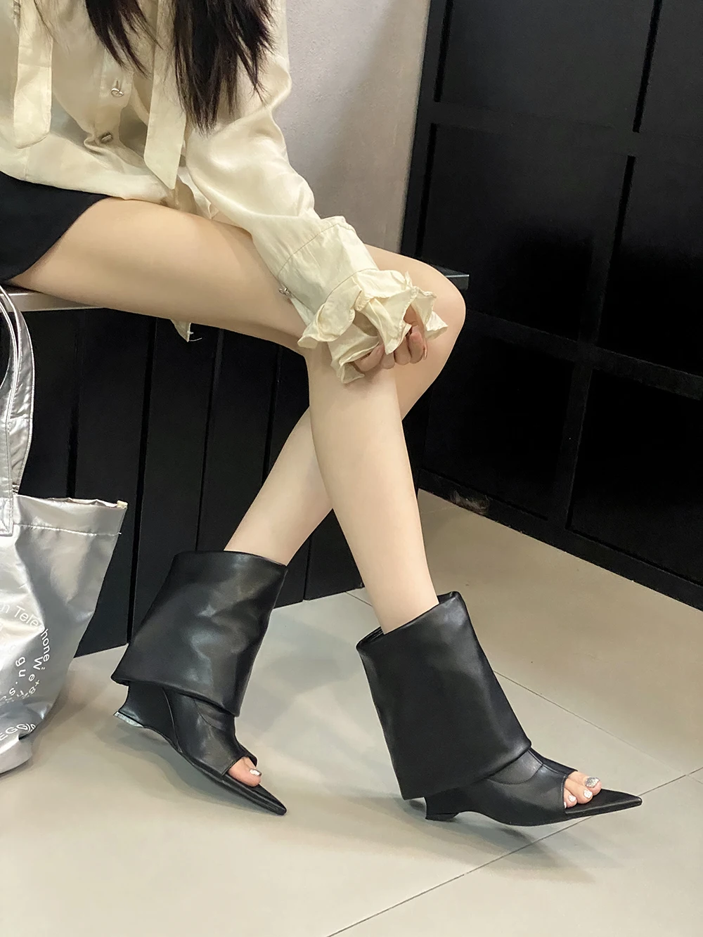 Open Tow Women Mid Calf Boots Black White Blue Winter Summer Wedge High Heels 2024 New Arrivals Fashion Party Pumps Sandals