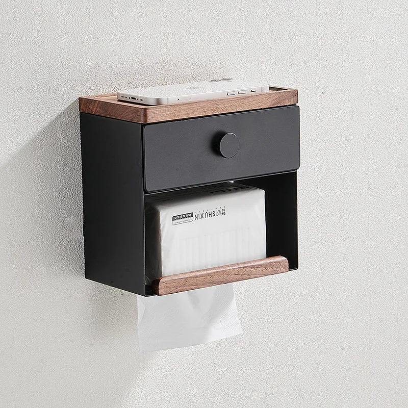Kitchen and Bath Roll Paper Box Multi-purpose Shelf Household Tissue Box Solid Wood Pumping  Walnut Paper Box