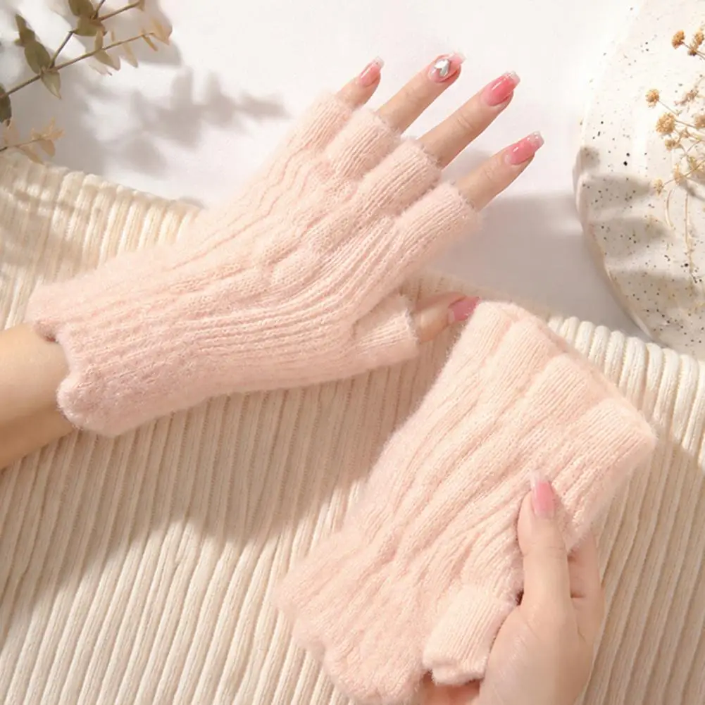 Stretchy Cuff Weather Gloves Vintage Jacquard Knit Gloves for Women Thickened Thermal Half Finger Gloves Elastic for Typing