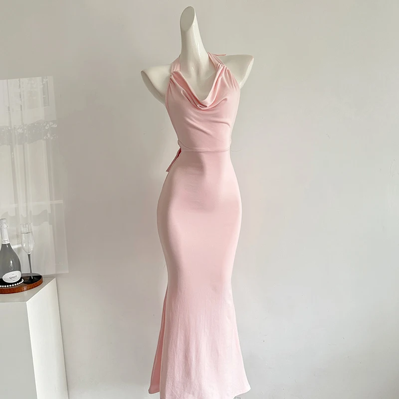 Sexy Sheath Slim-Fit Dress Women Sleevelss Halter Bow Bodycon Dress Female Evening Party Club Pink Dress Summer 2025 New Vestido