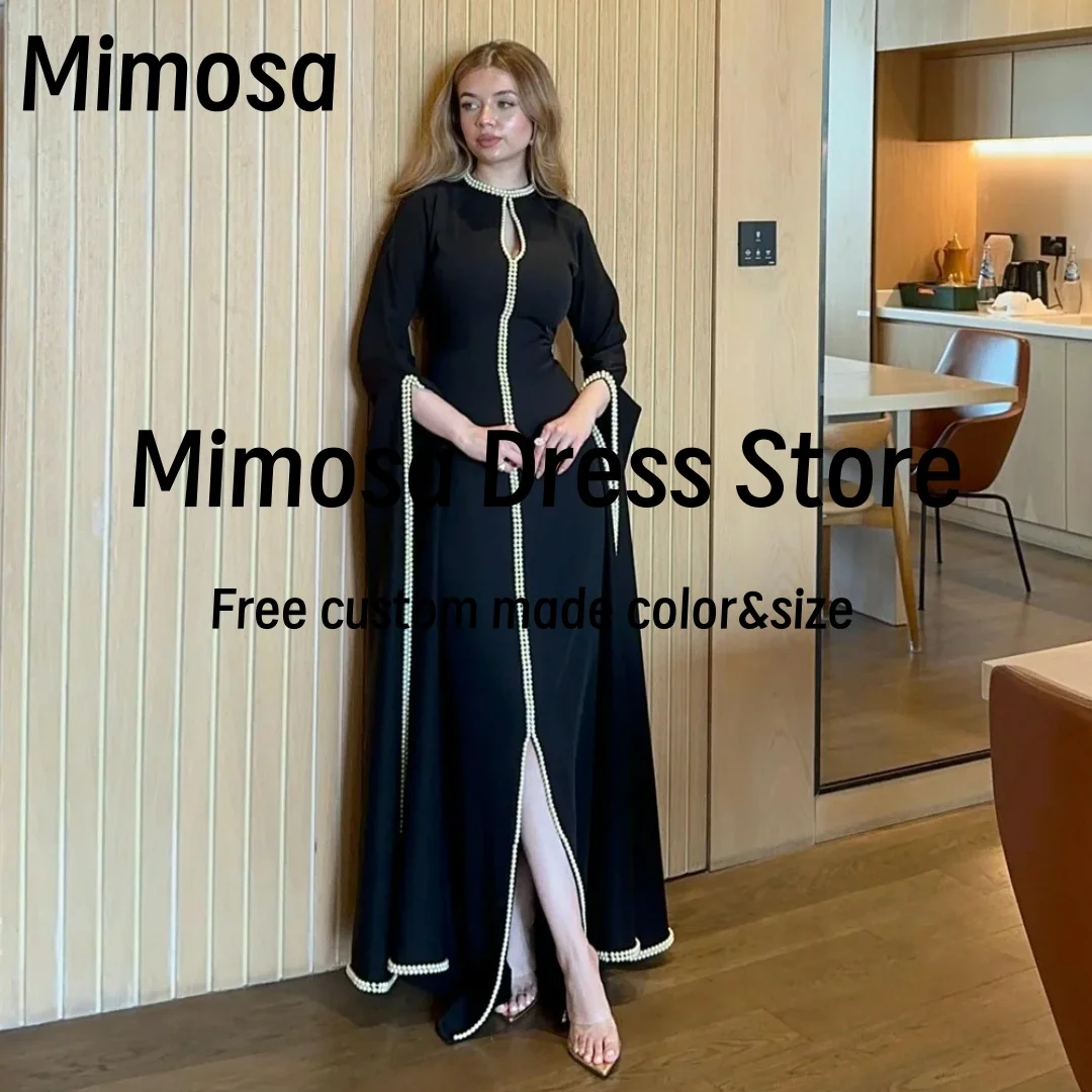 Mimosa Handmade Beading Front Slit Prom Dresses Keyhole Neckline Long Sleeves Saudi Arabia Party Evening Gowns Customized