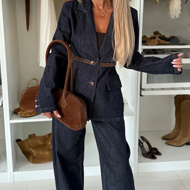 Women's Casual Long Sleeve Solid 2Pc Sets Elegant Commuting Cowboy Blazer Outfits Fashion Lapel Button Coats & Long Pant Suits