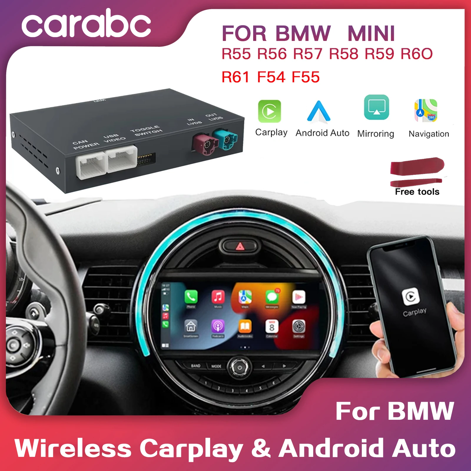 Wireless CarPlay Android Auto for BMW Mini R55 R56 R57 R58 R59 R60 R61 F54 F55 Clubman Countryman Hardtop John Cooper F56 F57