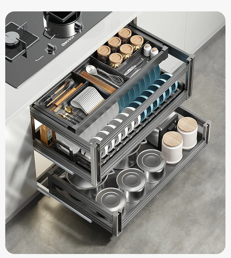 Dishes and baskets Kitchen cabinets Built-in double drawer type