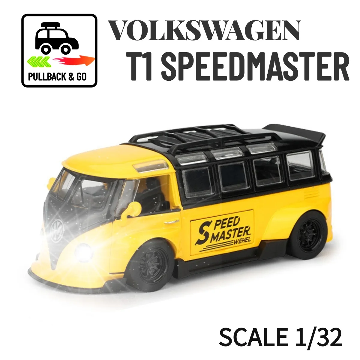 

VW T1 Scale 1:32 Pullback Car Toy with Lights Engine Sound, Ford Mercedes Porsche Metal Diecast Car Model Gift Kid Boy Toy