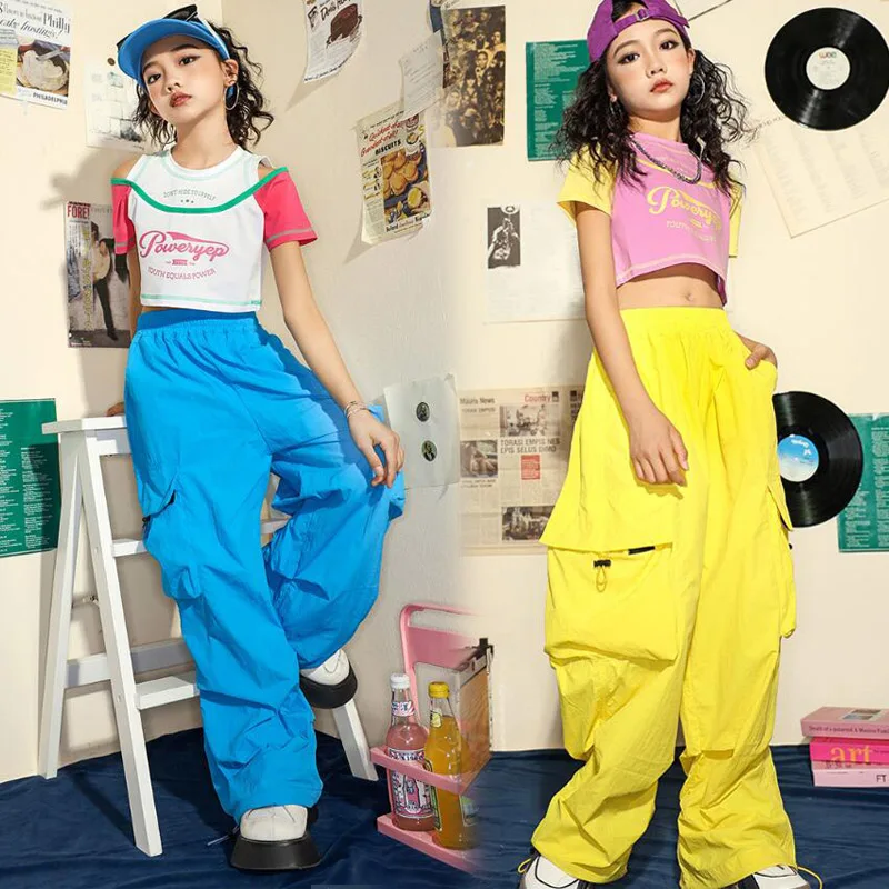 Kids Hip Hop Clothing Crop Tank Tshirt Tops Yellow Casual Pocket Cargo Pants for Girls Teenage Jazz Dance Costume Street Clothes