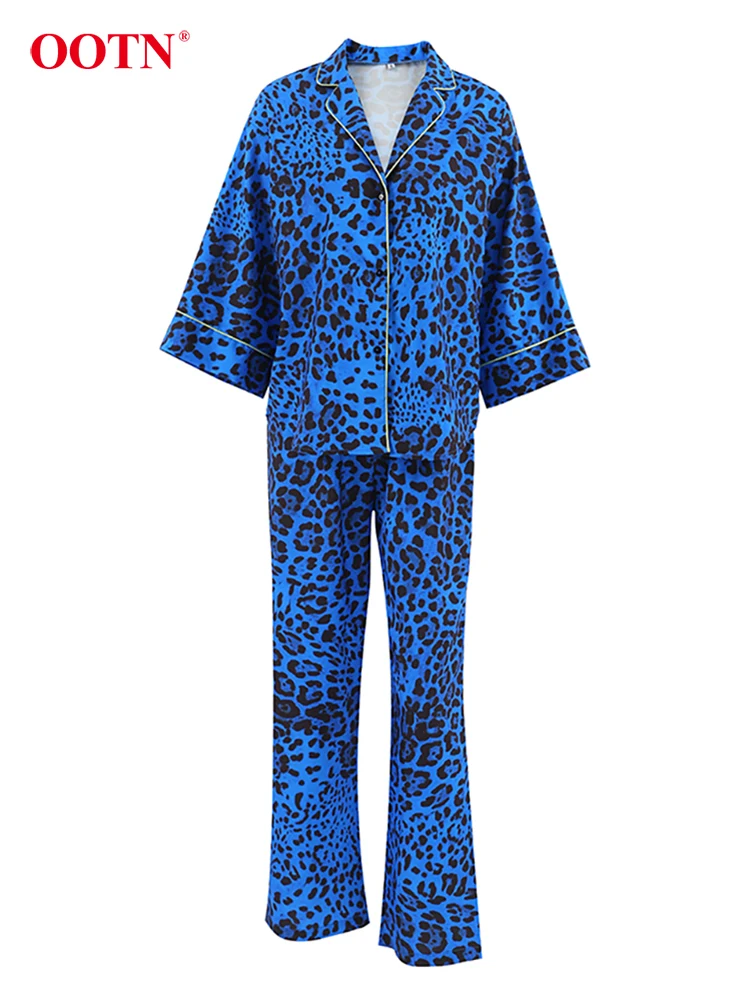 OOTN Home Wear Blue Print Suits 2024 Casual Short Sleeve Blouse High Waist Pants Two Piece Pajamas Spring Nighties Sleepwear