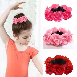 Peony Rose Flower Elastics Hair Holders  Tie Gum Fabric Wreaths Crowns  Elastic Wreath Crown Wedding Garland Headband