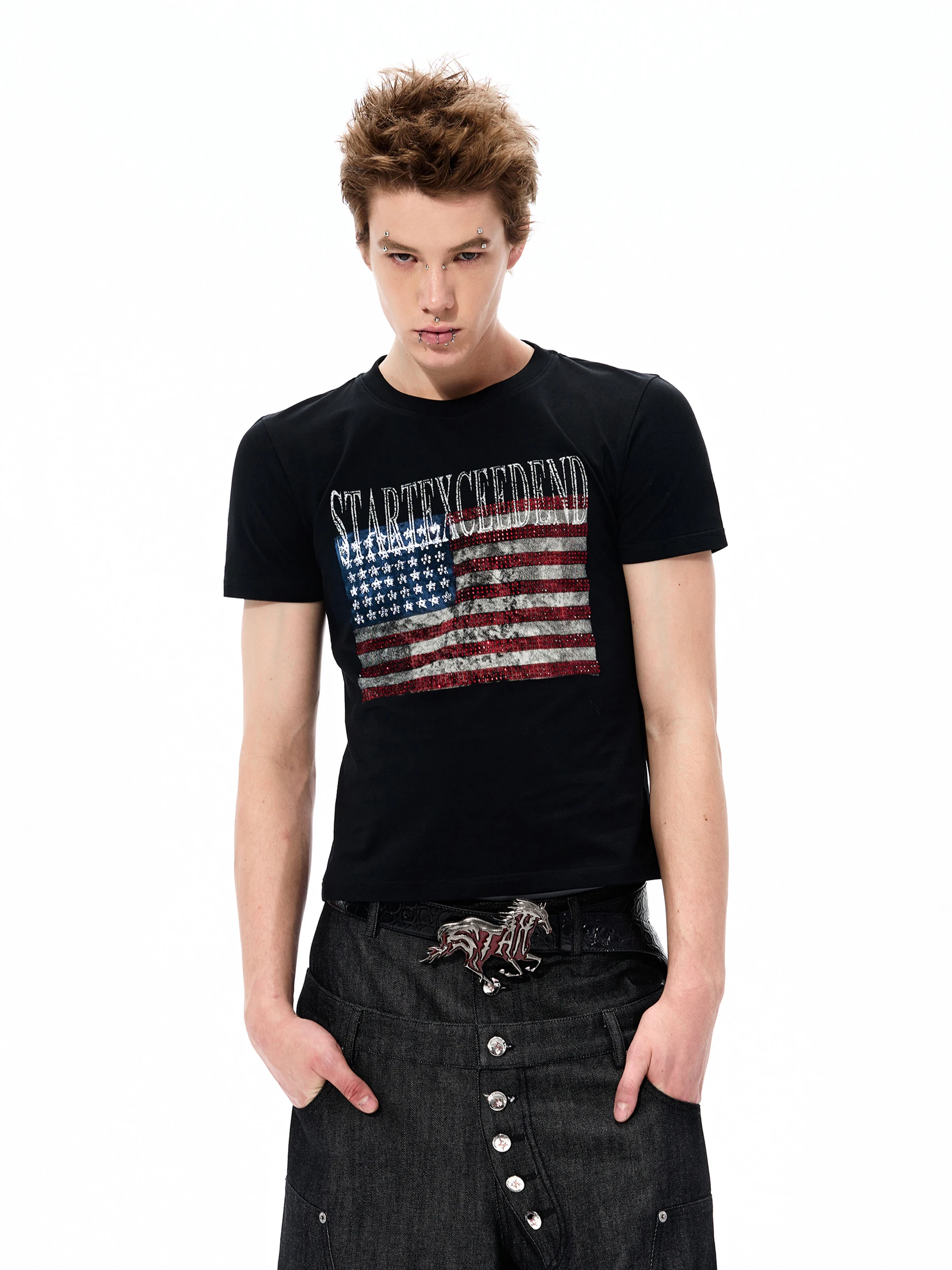 Start Exceed End Men's Slim Fit Short Sleeve T-Shirt Summer Vintage Flag Print Cotton Youth Fashion Non-fading Breathable