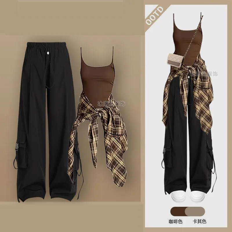 2024 Autumn New Vintage Plaid Shirt+vest+loose Cargo Pants 3-piece Suit Women\'s Casual Cardigan Trousers Tracksuit Matching Set