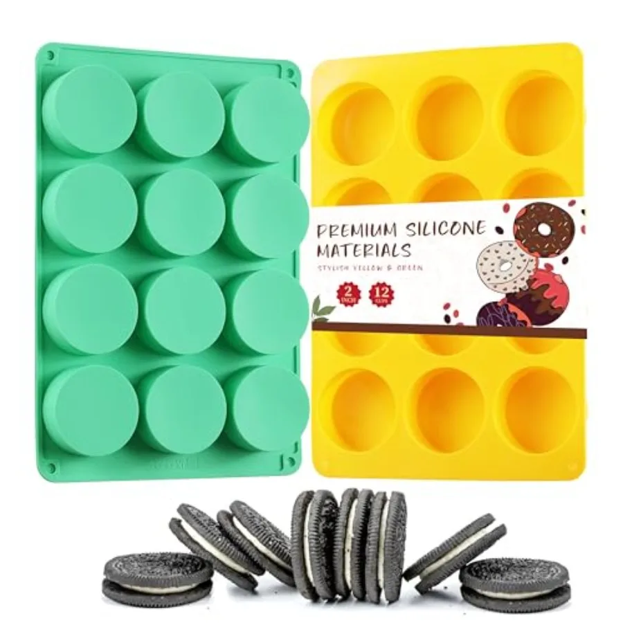 2 Moldes de Silicona para Hornear Galletas de Chocolate Oreo, Dulces, Mini Pasteles, Gelatina, 12 Cavidades, Redondos, Amarillo Verde