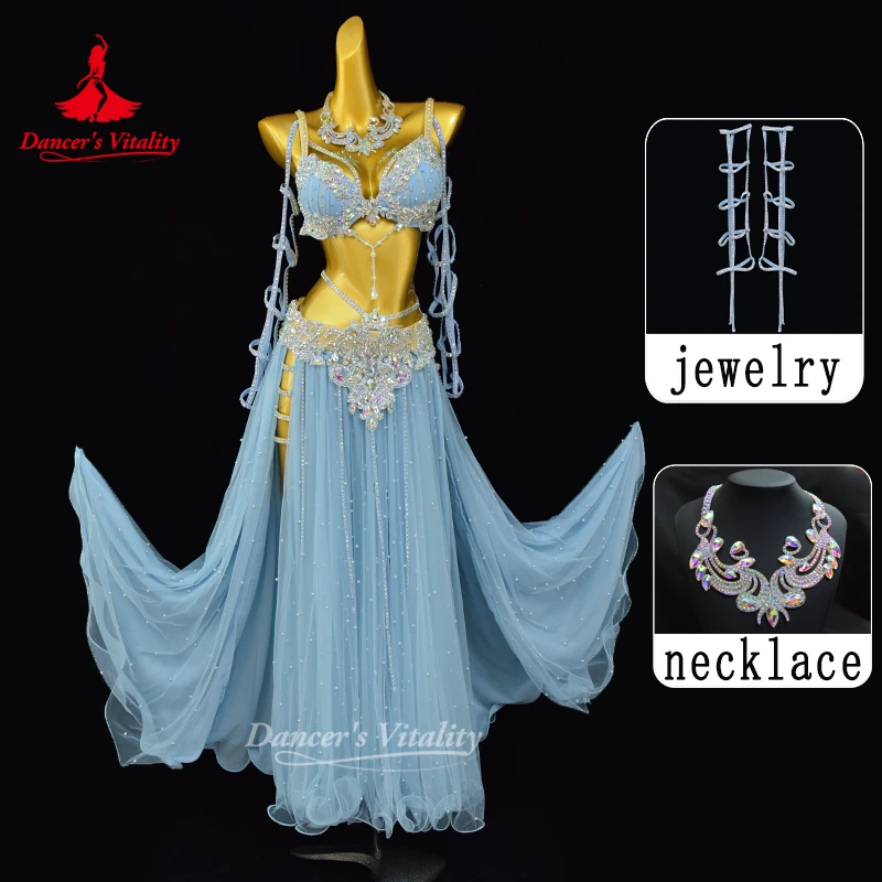 

Комплект BellyDance, женский роскошный бюстгальтер с камнями AB по индивидуальному заказу + сексуальная длинная юбка, 2 предмета, костюм для восточного танца, танцевальная жизненность