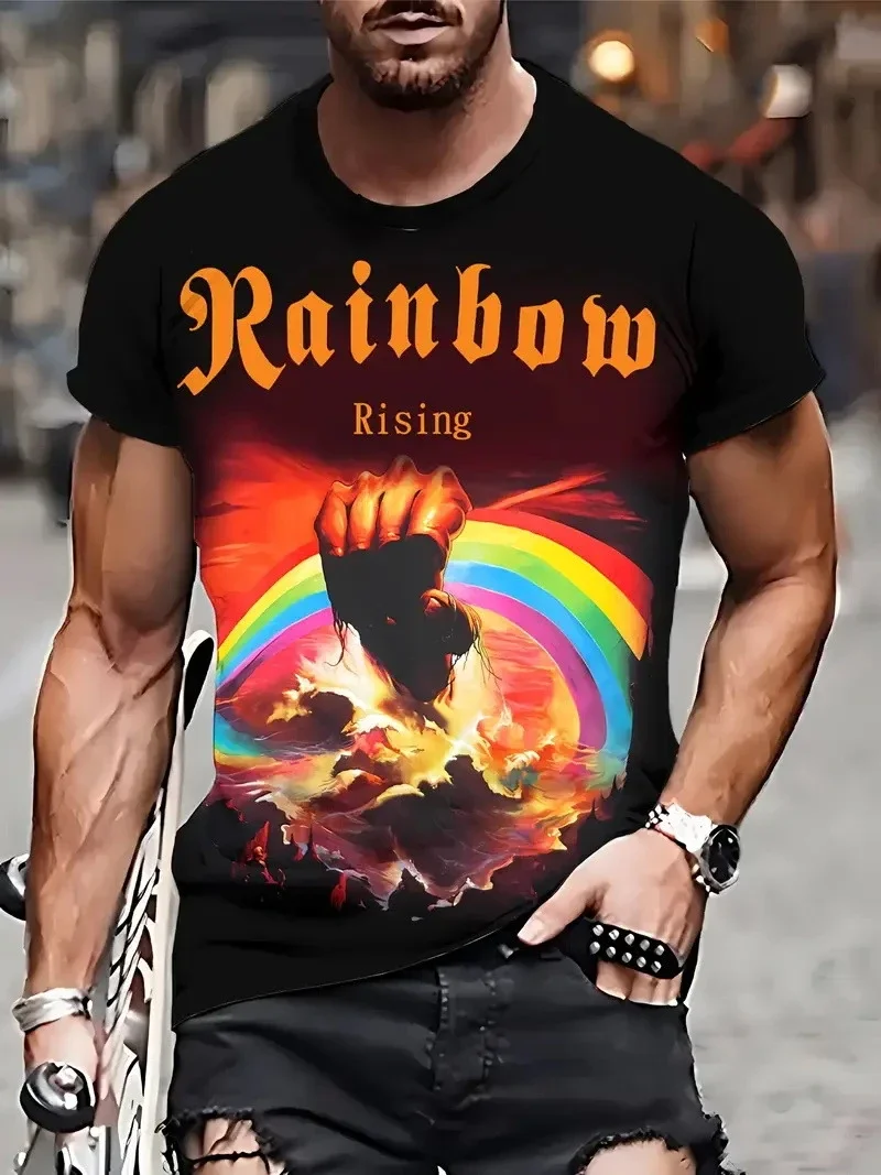 Men's Rainbow Rising Print T-Shirt Rock Band Graphic Crew Neck Short Sleeve Casual Streetwear Breathable Tee