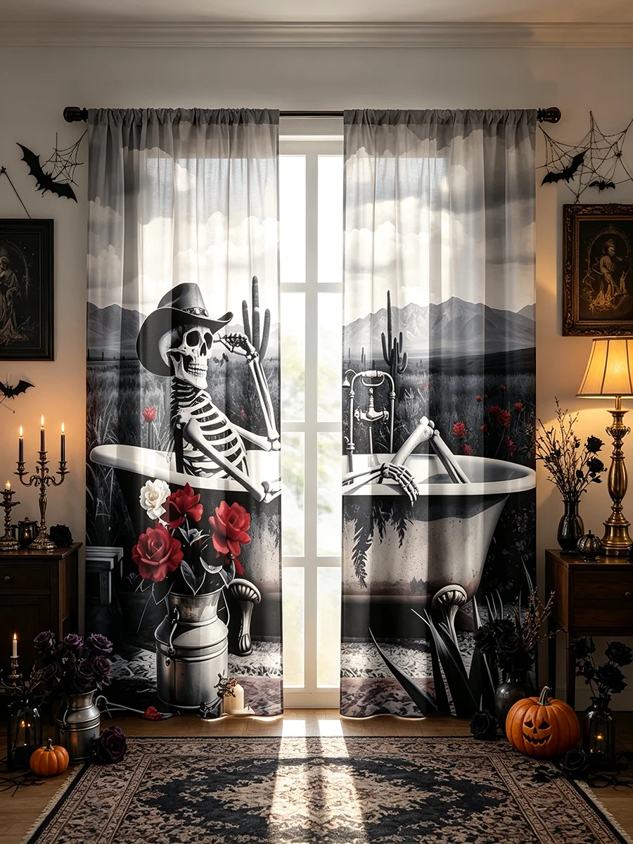 2PCS Skull Floral Print Blackout Curtains