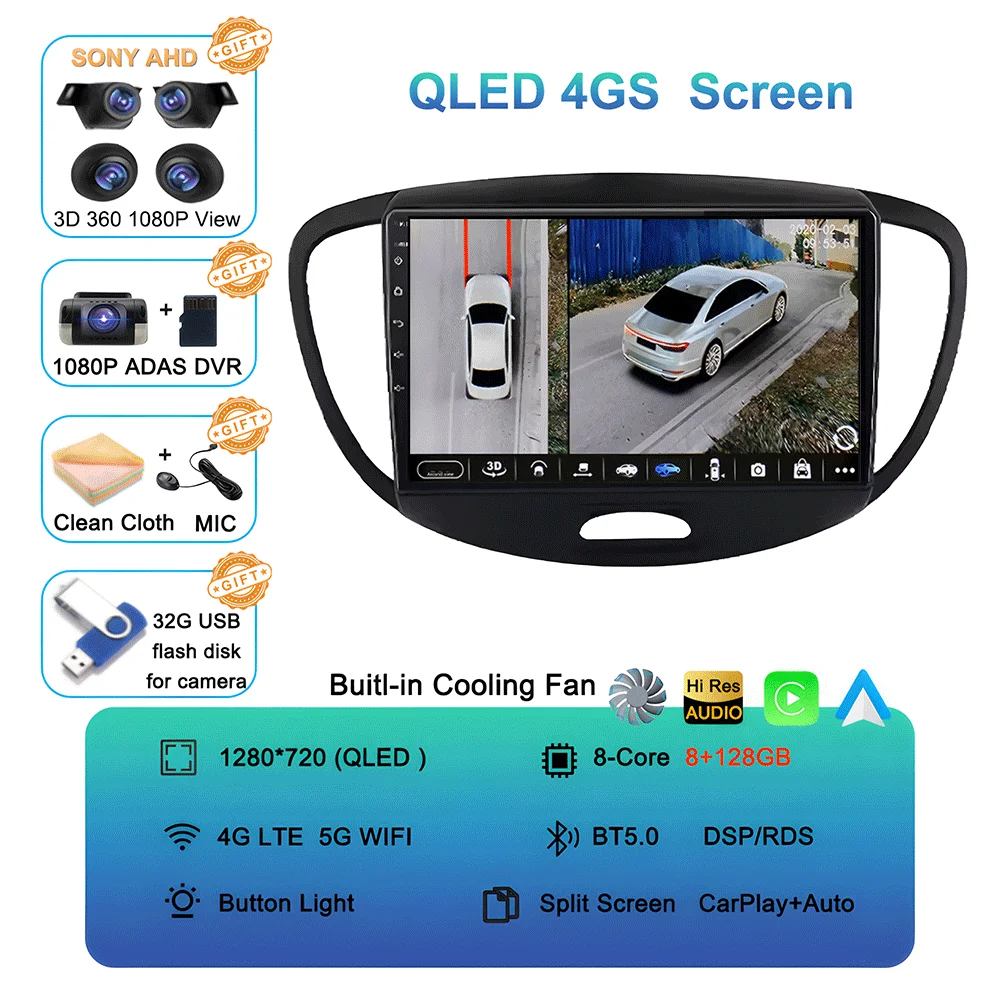 Android 16 Carplay Auto autoradio voor Hyundai I10 2007 - 2013 CarPlay Auto GPS Recorder Multimedia videospeler 4G+WiFi DSP