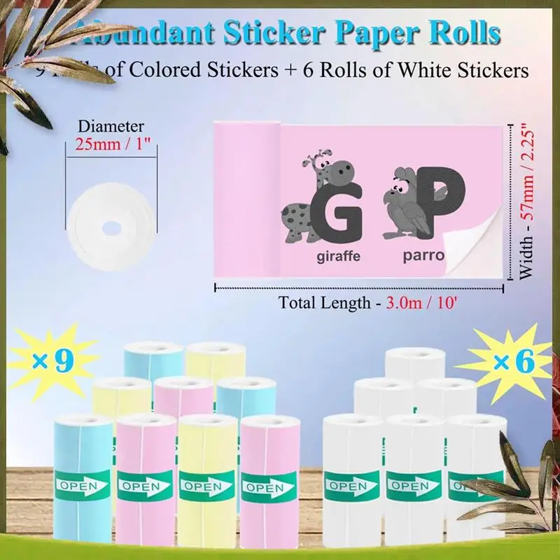 

ABDW-15 Rolls Thermal Sticker Paper For Mini Printer Sticker Maker, 9 Colored And 6 White Mini Printer Sticker Paper
