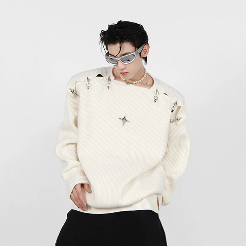 IEFB Men's Knitted Sweater New Autumn Winter Korean Fashion Metal Buckle Hollow Out Design 2023 Solid Color Male Tops 9A5467