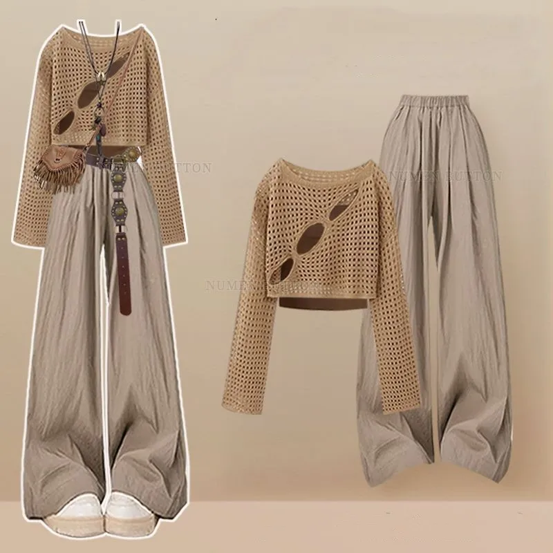 

Women 2026 Spring Summer New Fashion Vintage Hollow Smock+Strap+Casual Pants 3-Piece Suit Korean Elegant Tracksuit Matching Set