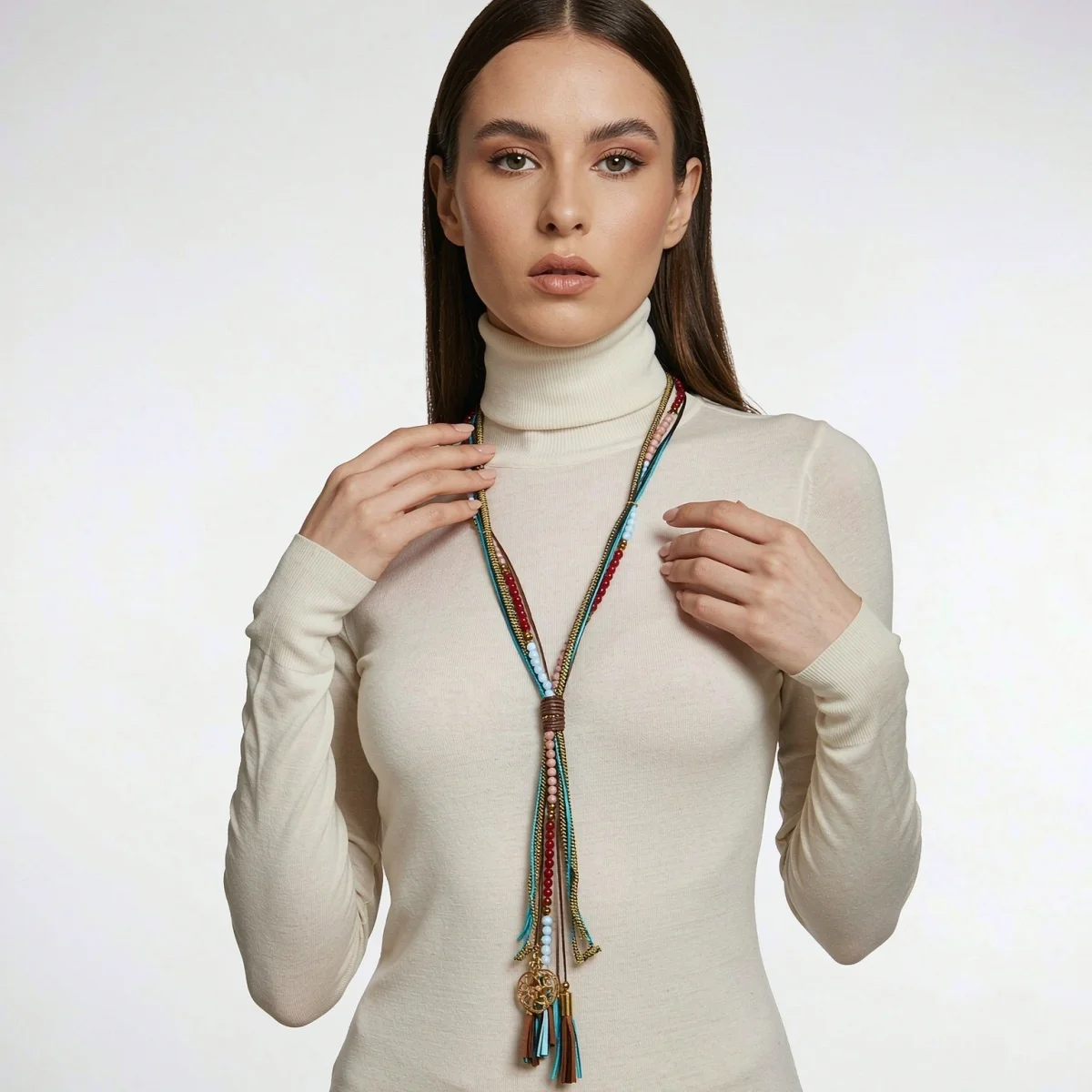 Boho Mehrschichtige Kristall-Langketten-Halskette für Damen und Herren Vintage Ethnische Bunte Perlen-Seilkette Quasten-Choker Reiseschmuck – Detail 4