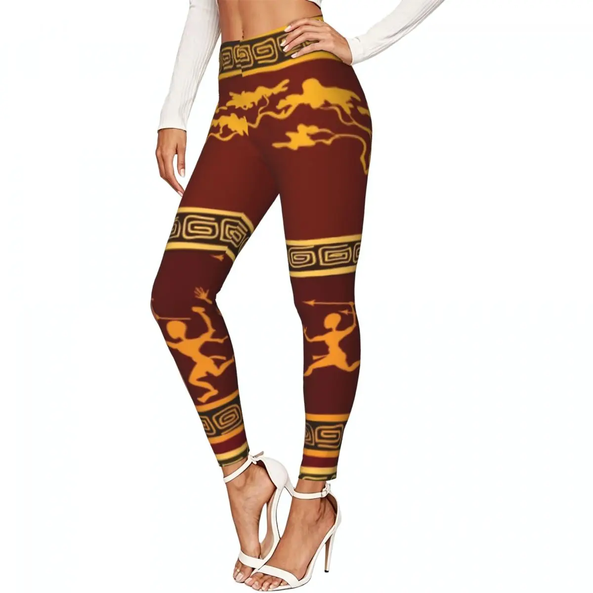 African Ethnic With Aborigine Hunting Women Leggings High Waisted Stretch Tights Workout Running Pants