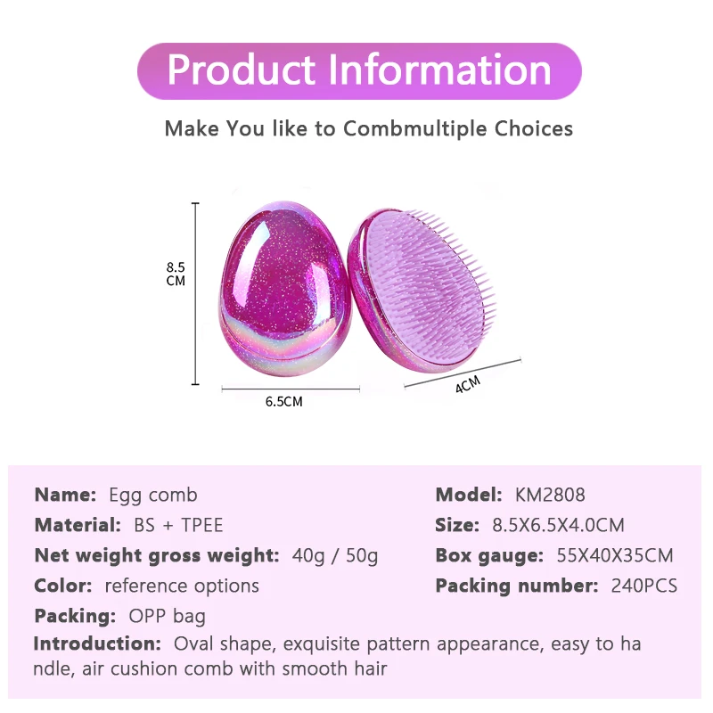 Ovo em forma de escova detangling cabelo, pente anti-nó, cor massagem pente, cuidados com o cabelo, ferramentas de styling