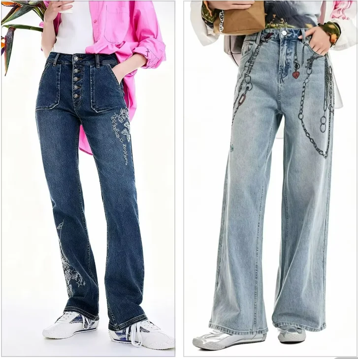 Foreign trade Spain high street heavy industrial print casual loose straight leg wide trousers for women