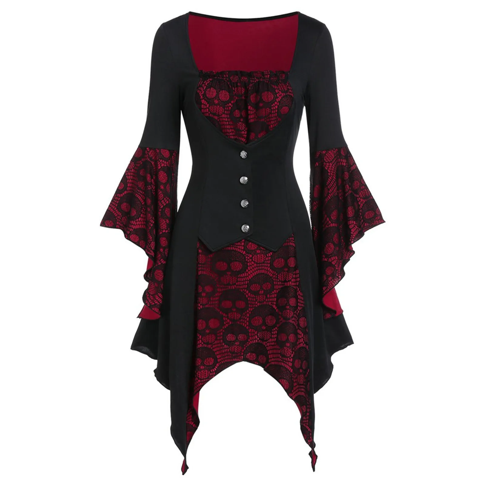 Vestido de diablo de Halloween para mujer, Mini Vestido gótico con costuras de encaje, cuello cuadrado, volantes, manga de campana, botones, Calavera