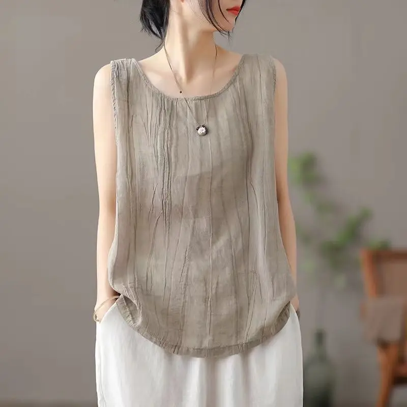 Summer Womens Sleeveless Cotton Linen Vest Loose Top