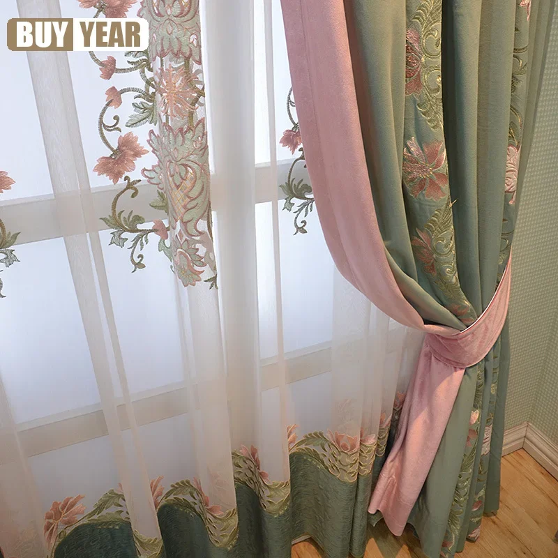 Chinese Style Curtains For Living Dining Room Bedroom American Pastoral Velvet Luxury Window Valance Embroidered Tulle Custom