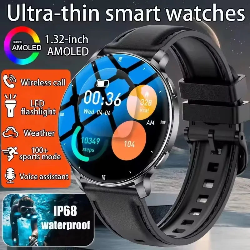 

Ultra Thin SmartWatch Slim Design,1.32" AMOLED Display,3ATMWaterproof, Bluetooth Call, Heart Rate, LEDflashlight,100+sports mode