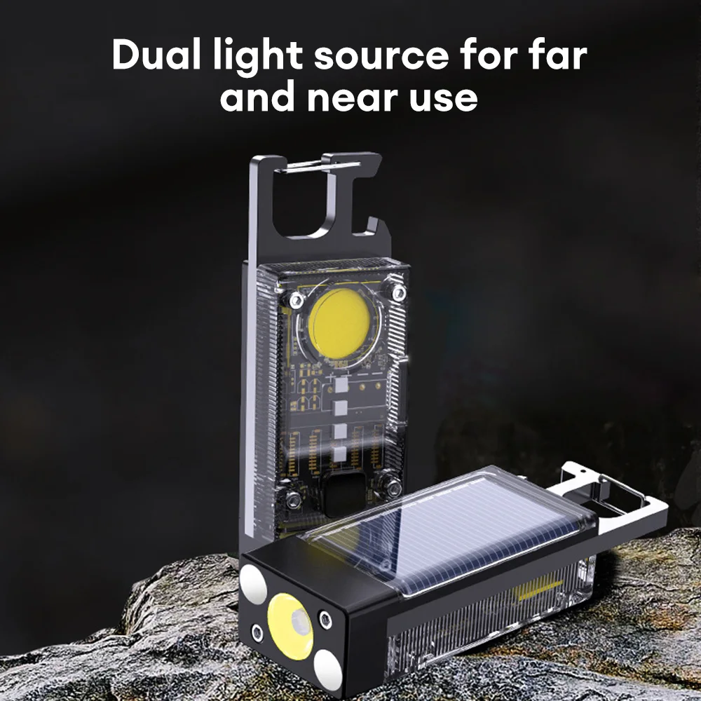 Mini EDC Solar LED Flashlight Multifunctional Keychain Torch USB Charging COB Camping Lantern Floodlight with Strong Magnetic