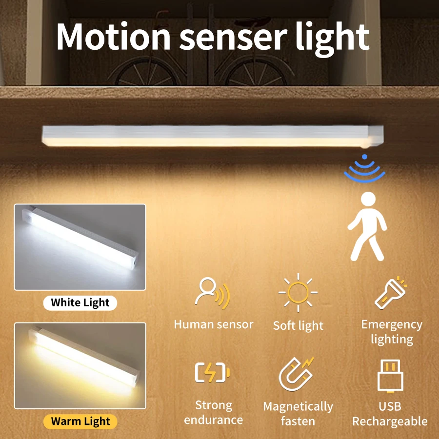 Motion Sensor Under Cabinet Light Rechargeable LED Induction Night Lamp for Kitchen Closet Wardrobe Aisle Corridor 10/20/30/50cm