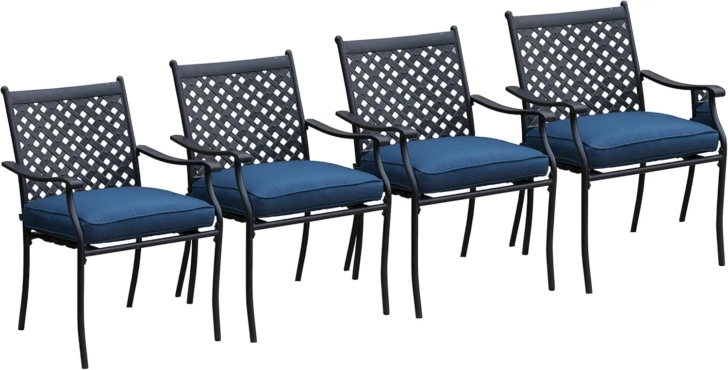 Ensemble de chaises de salle à manger en fer forgé pour l'extérieur, accoudoirs et coussins de siège, bleu, métal, 4 pièces